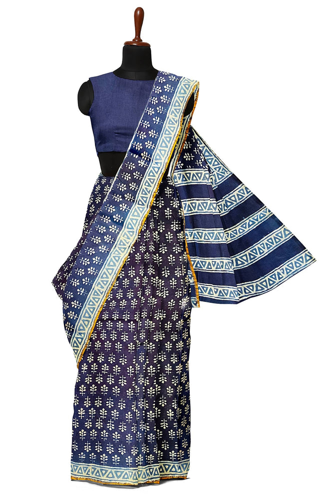 Hand Blockprinted Chanderi Silk Saree-Indigo