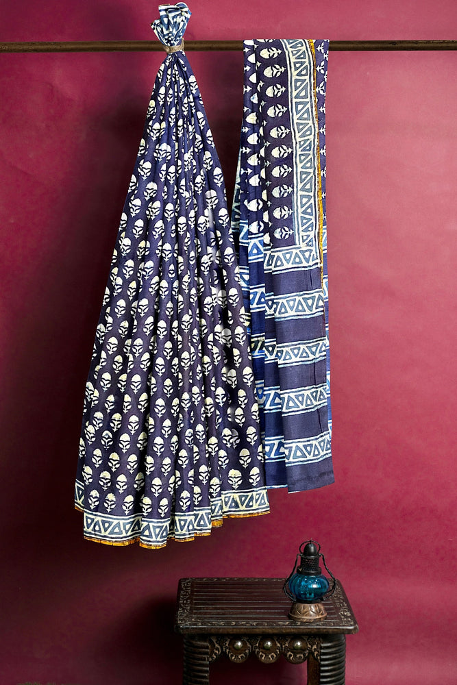 Hand Blockprinted Chanderi Silk Saree-Indigo