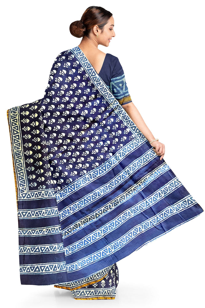 Hand Blockprinted Chanderi Silk Saree-Indigo