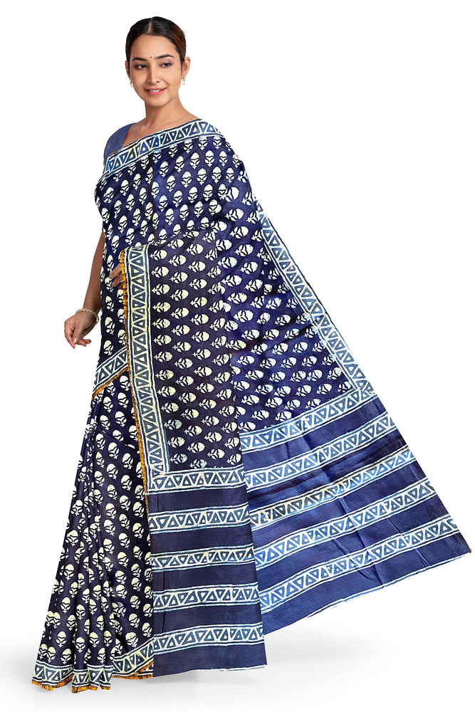 Hand Blockprinted Chanderi Silk Saree-Indigo