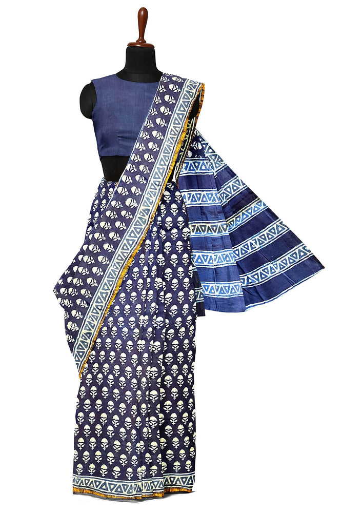 Hand Blockprinted Chanderi Silk Saree-Indigo