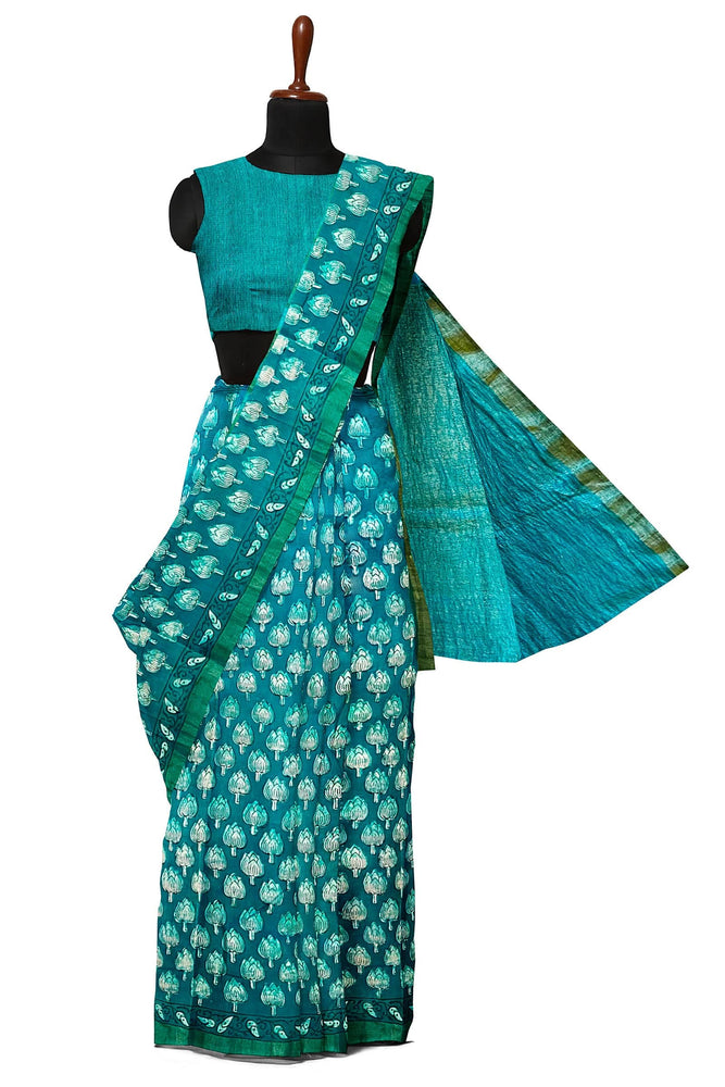 Hand Blockprinted Chanderi Silk Saree with Zari Pallu