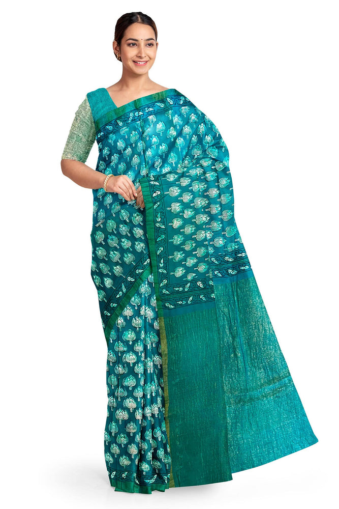 Hand Blockprinted Chanderi Silk Saree with Zari Pallu