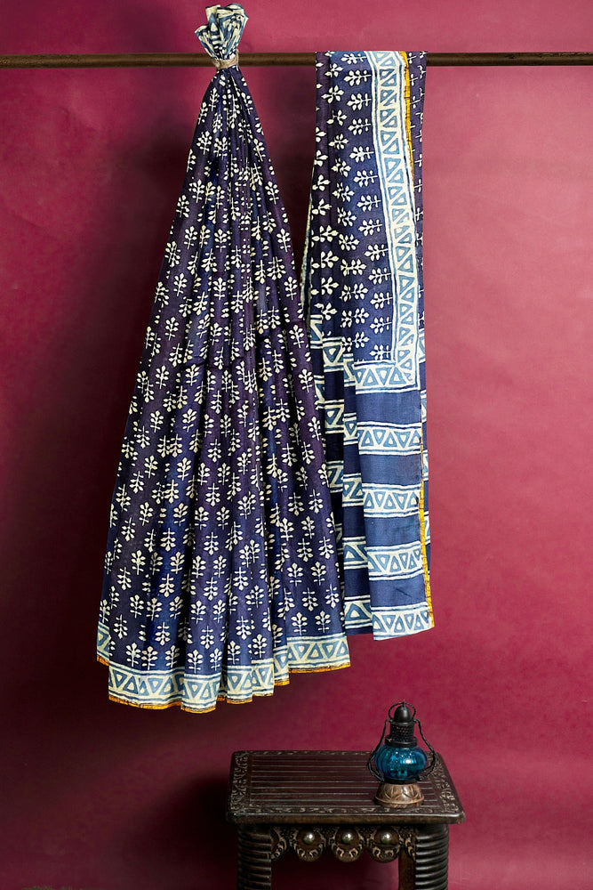 Hand Blockprinted Chanderi Silk Saree-Indigo