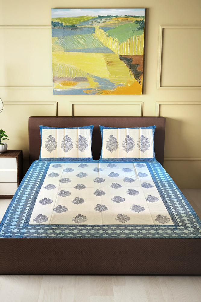 Hand Blockprinted Cotton Double Bedsheet With Pillow Covers Blue Colur