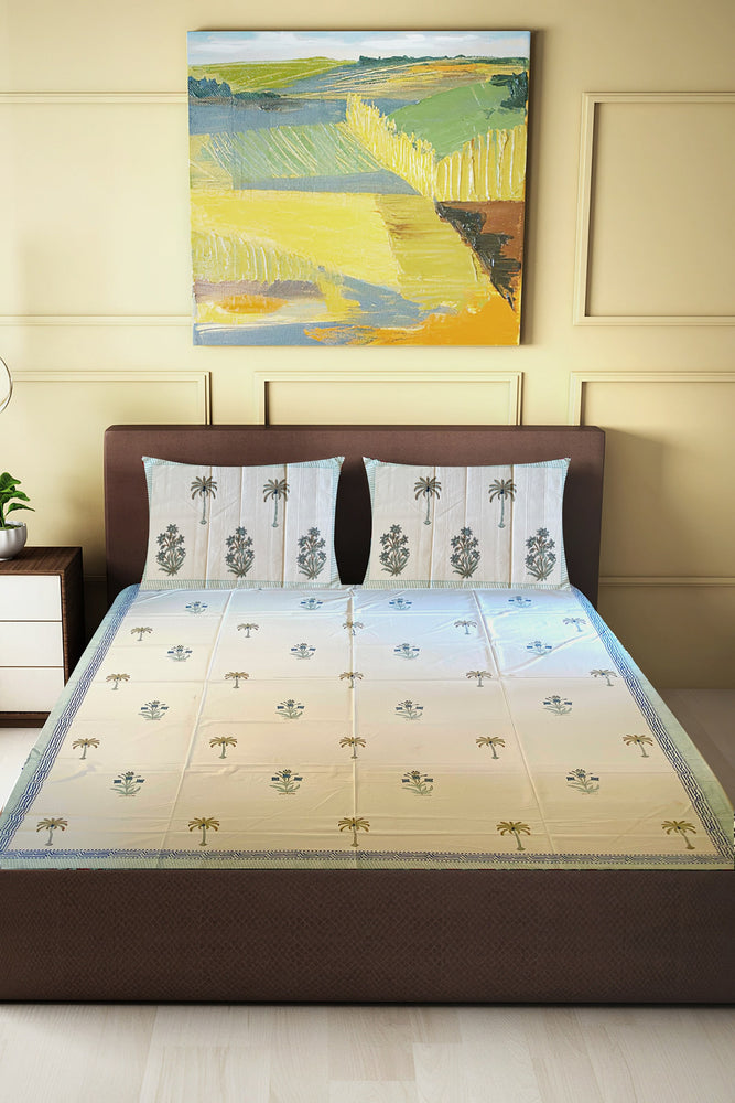 Hand Blockprinted Cotton Double Bedsheet With Pillow Covers Gren Green Colour