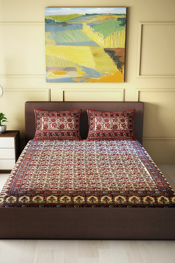 Hand Blockprinted Kalamkari Cotton Double Bedsheet With Pillow Covers