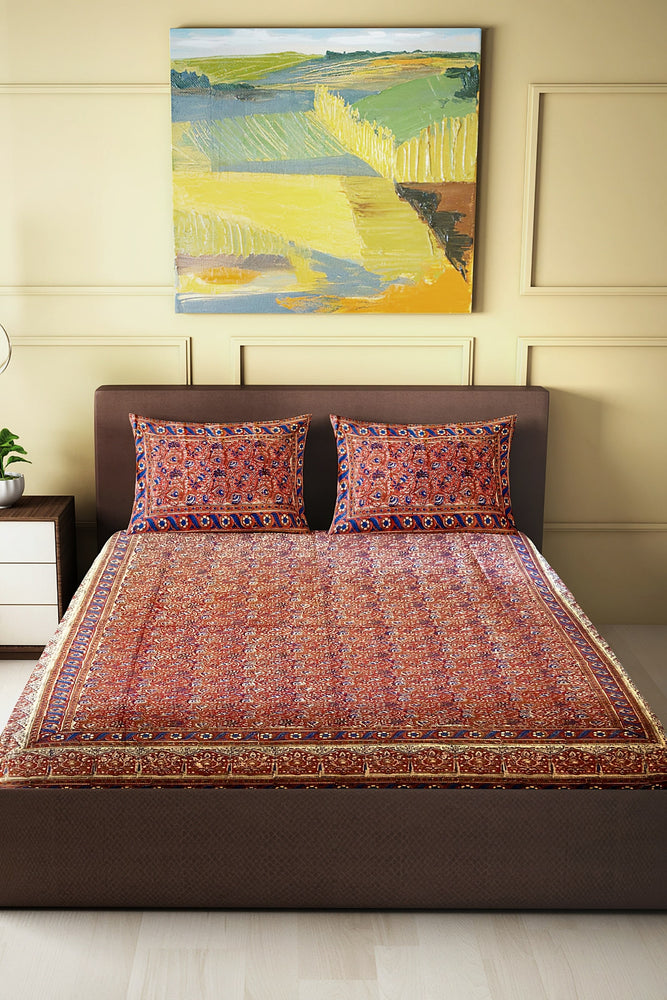 Hand Blockprinted Kalamkari Cotton Double Bedsheet With Pillow Covers