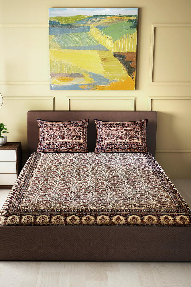 Hand Blockprinted Kalamkari Cotton Double Bedsheet With Pillow Covers