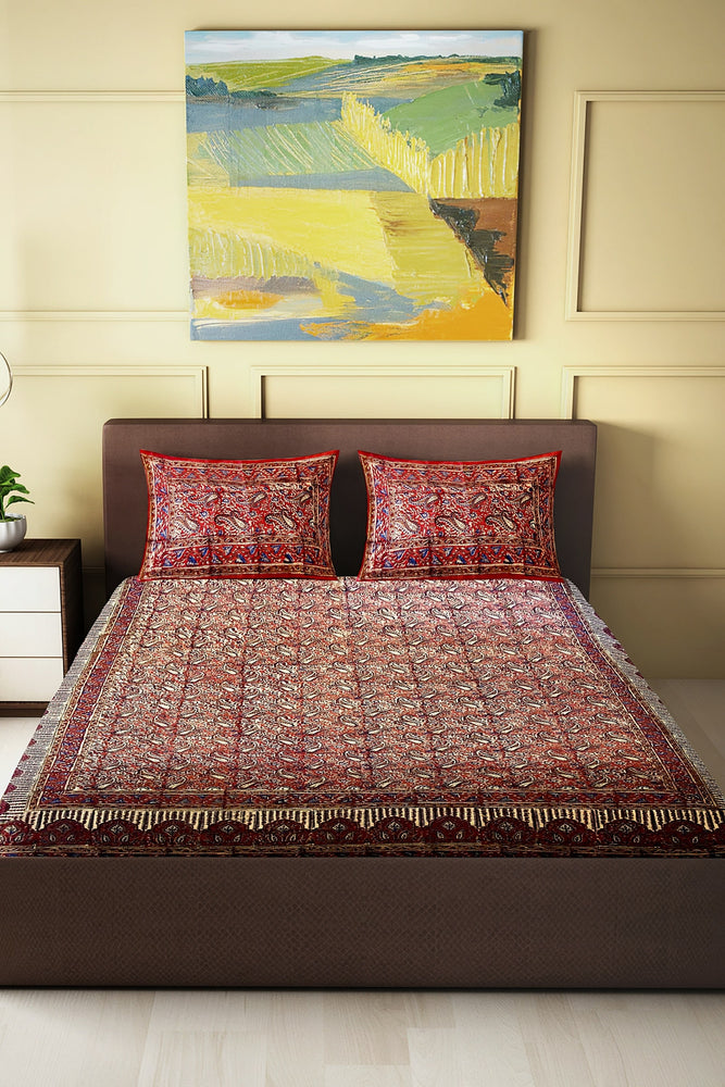 Hand Blockprinted Kalamkari Cotton Double Bedsheet With Pillow Covers