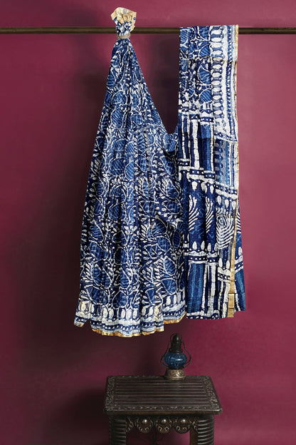 Hand Blockprinted Kota Doriya Saree-Indigo