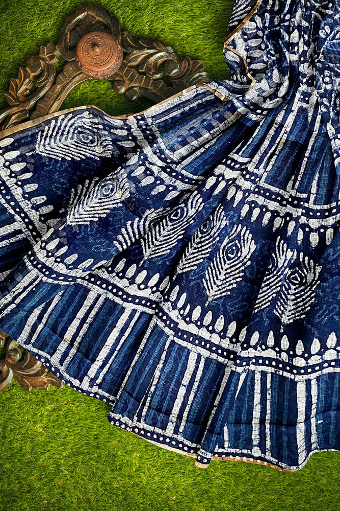 Hand Blockprinted Kota Doriya Saree-Indigo