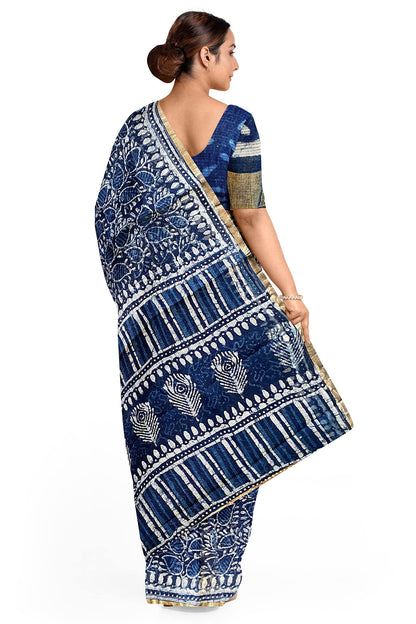 Hand Blockprinted Kota Doriya Saree-Indigo