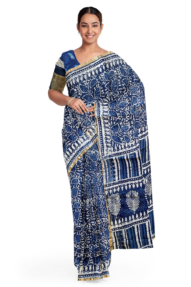 Hand Blockprinted Kota Doriya Saree-Indigo