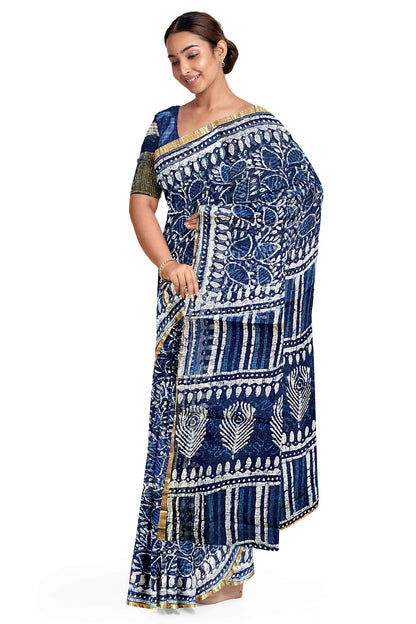 Hand Blockprinted Kota Doriya Saree-Indigo