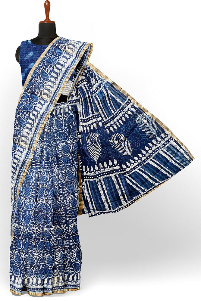 Hand Blockprinted Kota Doriya Saree-Indigo