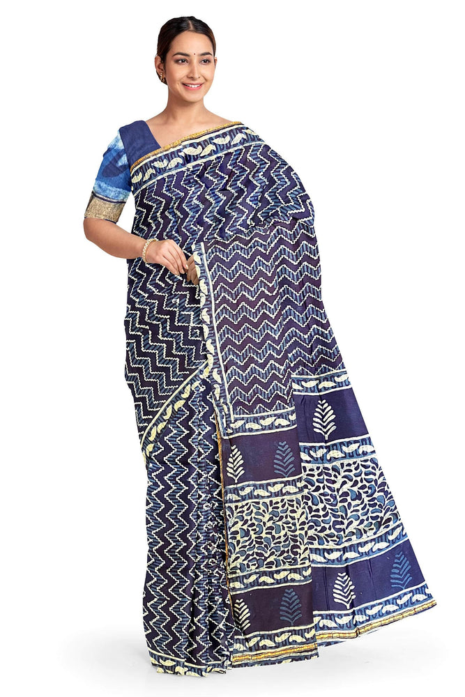 Hand Blockprinted Modal Chanderi Silk Saree-Indigo Blue