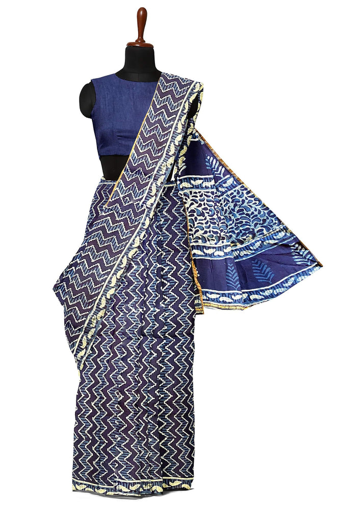 Hand Blockprinted Modal Chanderi Silk Saree-Indigo Blue