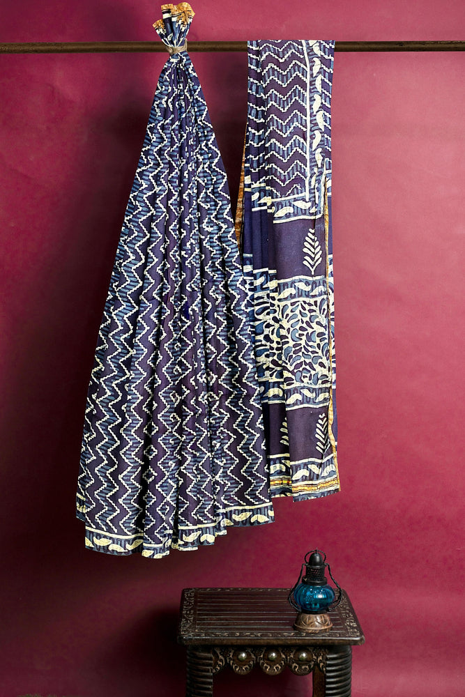 Hand Blockprinted Modal Chanderi Silk Saree-Indigo Blue