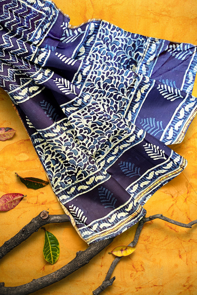 Hand Blockprinted Modal Chanderi Silk Saree-Indigo Blue