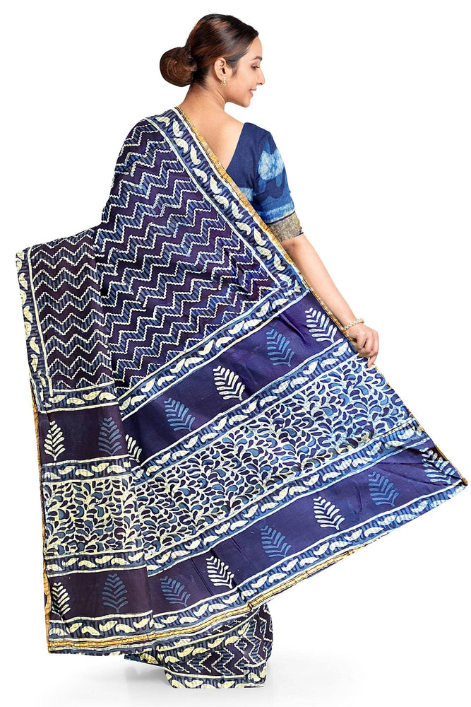 Hand Blockprinted Modal Chanderi Silk Saree-Indigo Blue