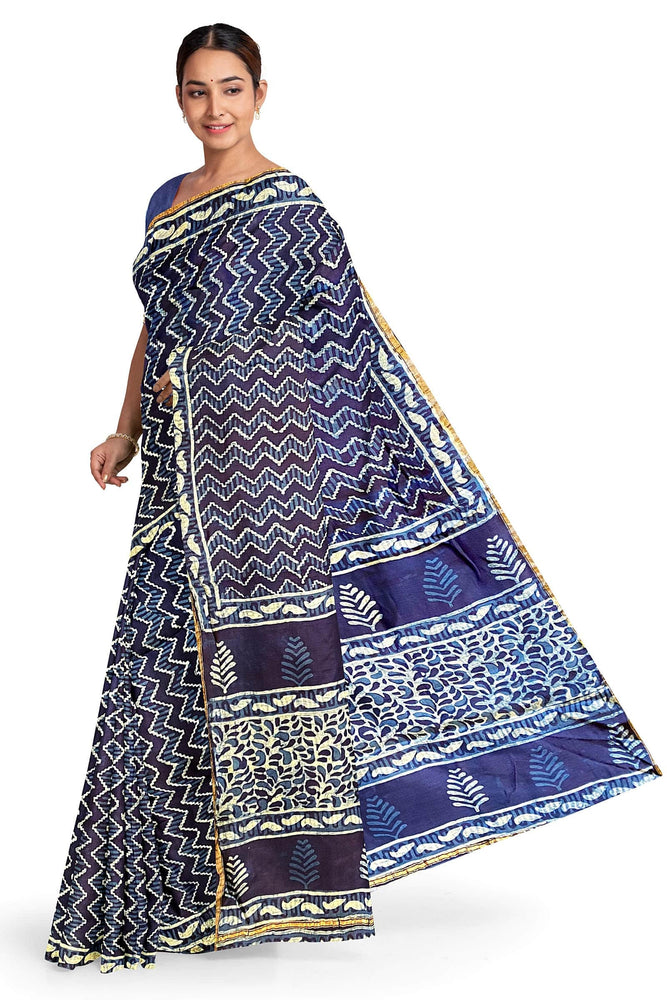 Hand Blockprinted Modal Chanderi Silk Saree-Indigo Blue