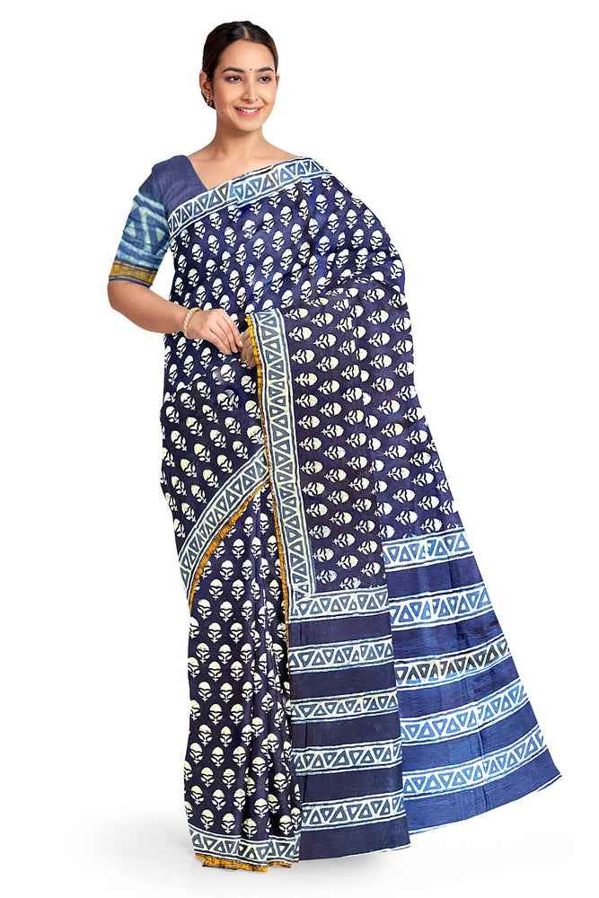 Hand Blockprinted Chanderi Silk Saree-Indigo