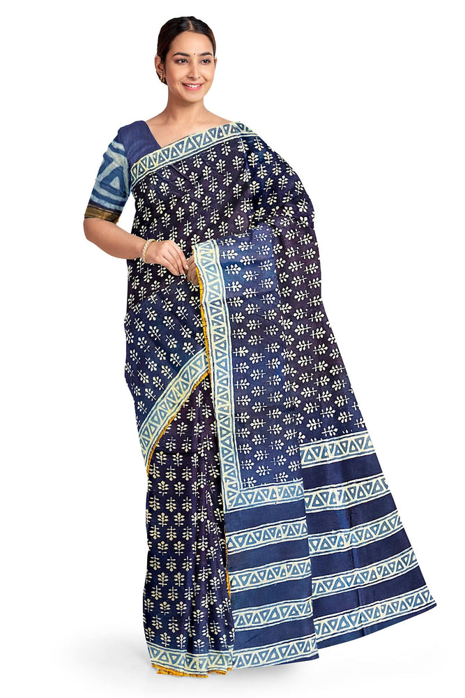 Hand Blockprinted Chanderi Silk Saree-Indigo