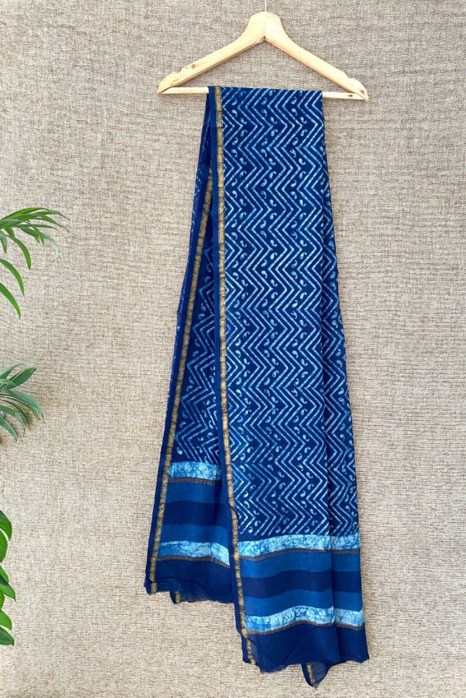 Hand blockprinted Chanderi Silk Stole Indigo  