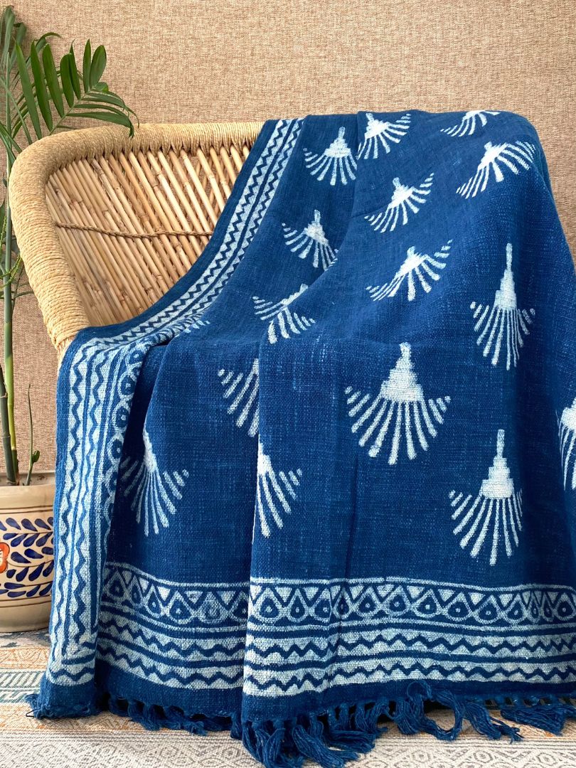 Hand block printed Cotton Sofa Throws Indigo