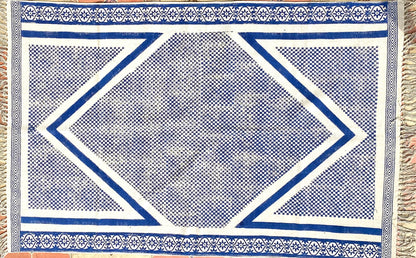 Blue hand block printed cotton rug