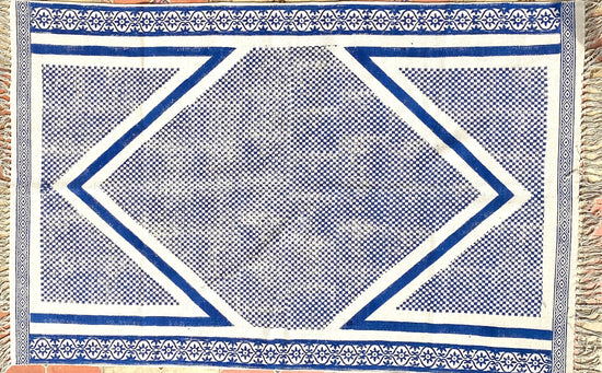 Blue hand block printed cotton rug