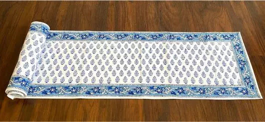 Hand blockprinted table runner Blue Small motif design Online