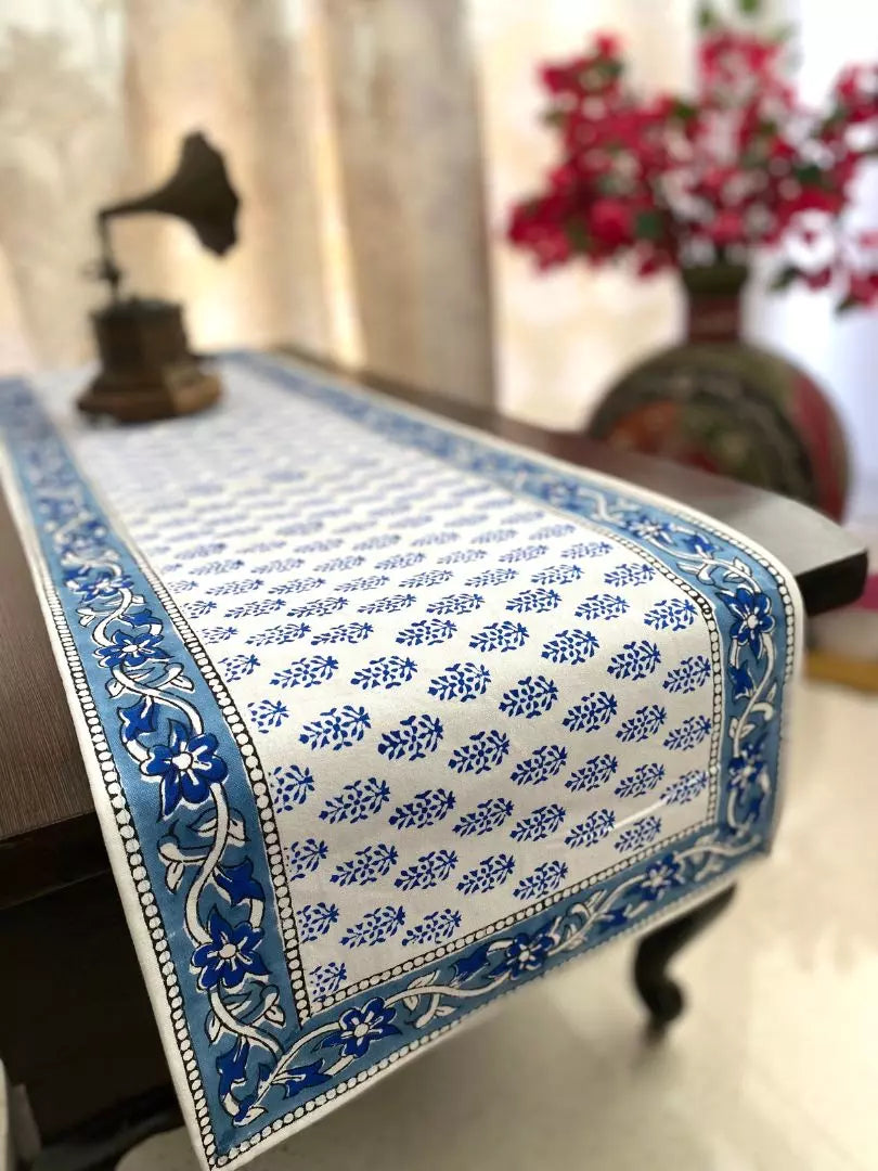 Hand blockprinted table runner Blue Small motif design