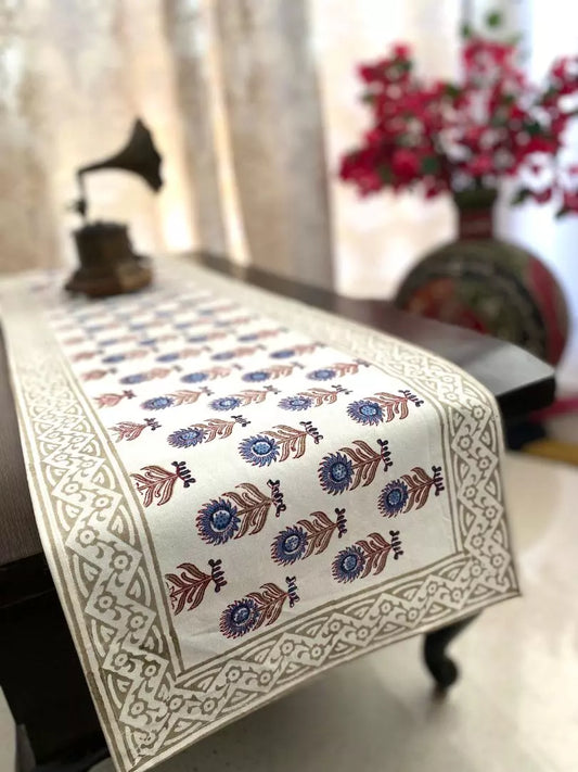 Hand blockprinted table runner Blue grey Sunflower design