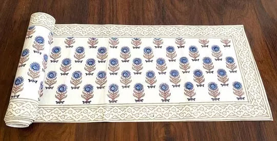 Hand blockprinted table runner Blue grey Sunflower design Online