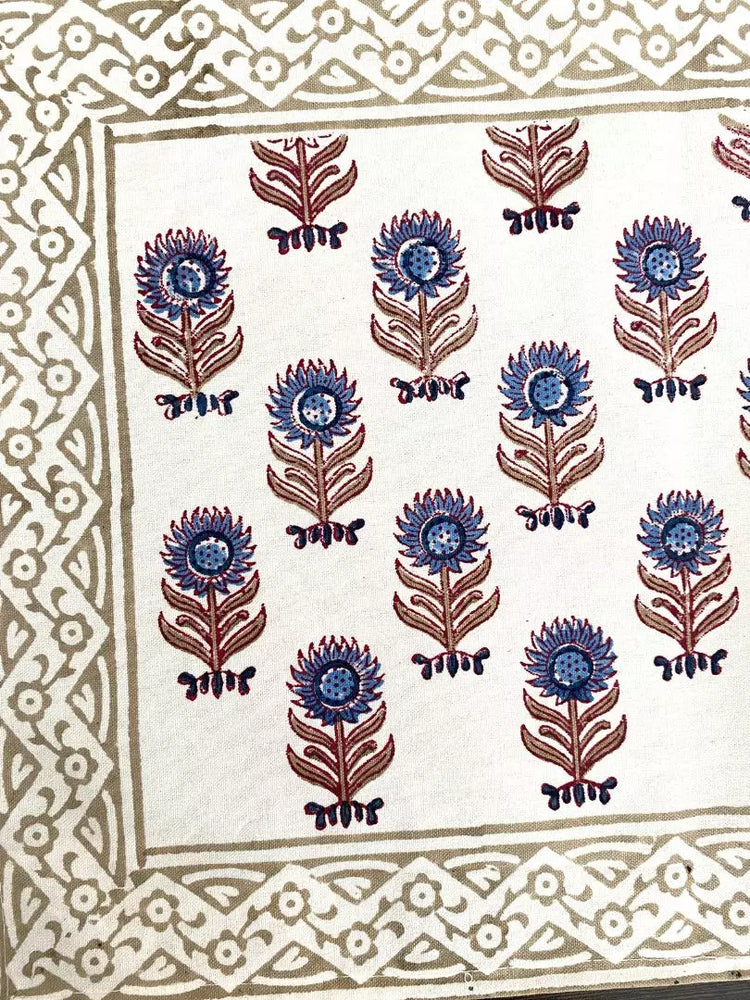 Hand blockprinted table runner Blue grey Sunflower design Exporter