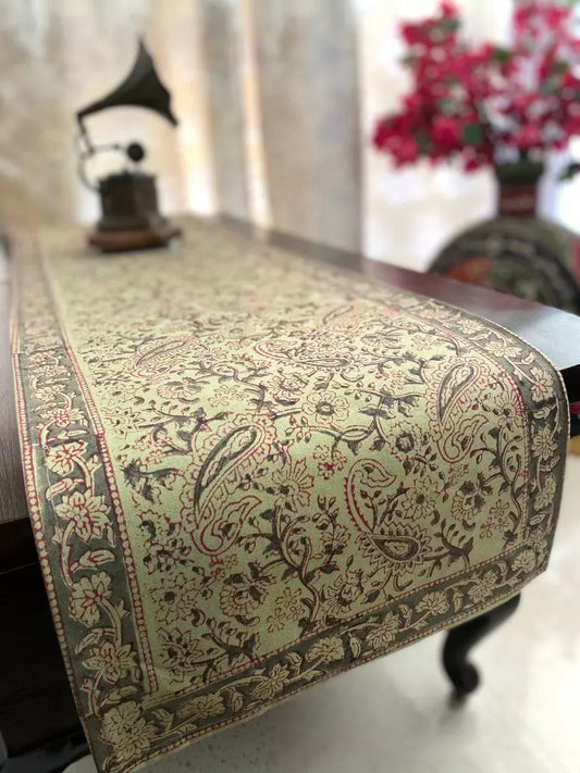 Hand blockprinted table runner Green Paisley design Buy Online