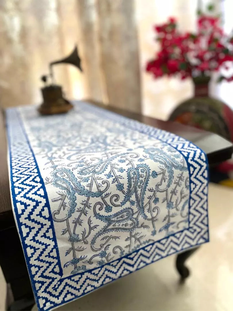 Hand blockprinted table runner Grey blue  Paisley design