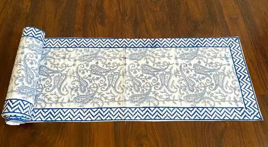 Buy Online Hand blockprinted table runner Grey blue  Paisley design