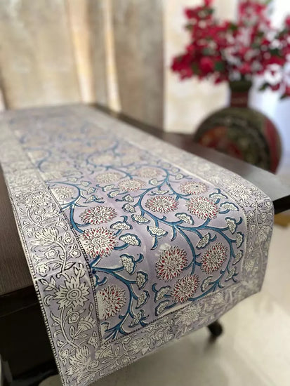 Hand blockprinted table runner  Light purple  Crysanthemum design