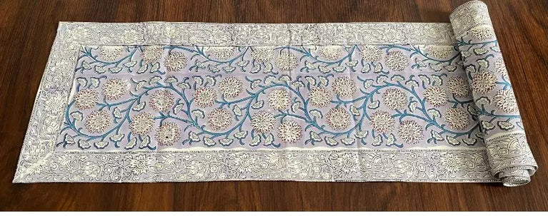 Hand blockprinted table runner Light purple Crysanthemum design