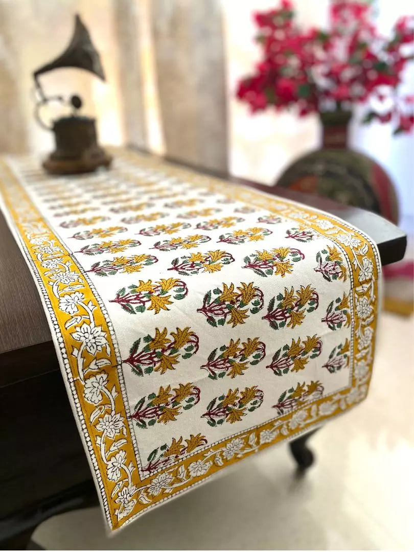 Buy Online Hand blockprinted table runner Mustard Mughlai floral design