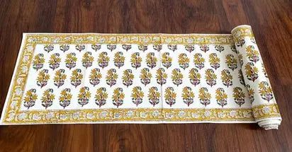 Hand blockprinted table runner Mustard Mughlai floral design Exporter