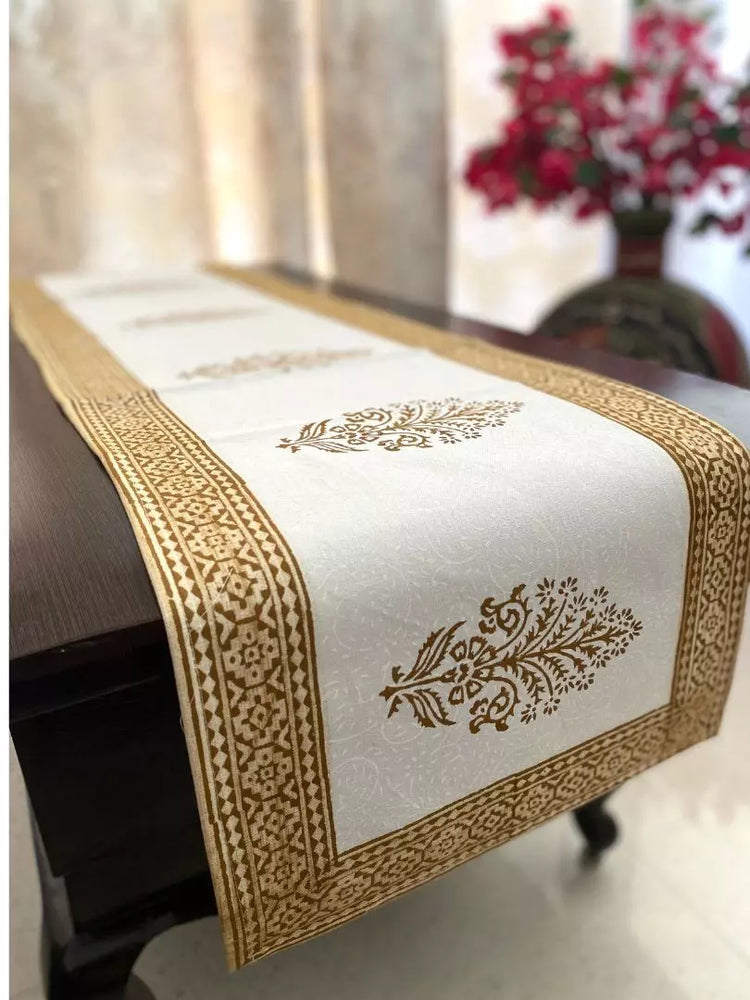 Hand blockprinted table runner  Mustard color  Floral design