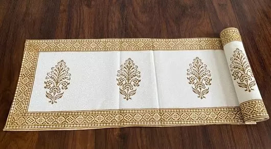 Hand blockprinted table runner  Mustard color  Floral design distributor