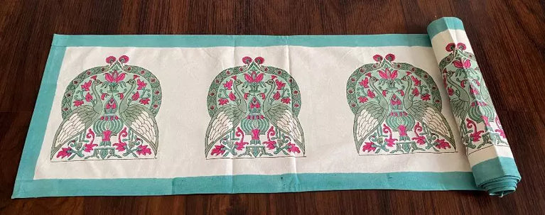 Hand blockprinted table runner | Peacock design