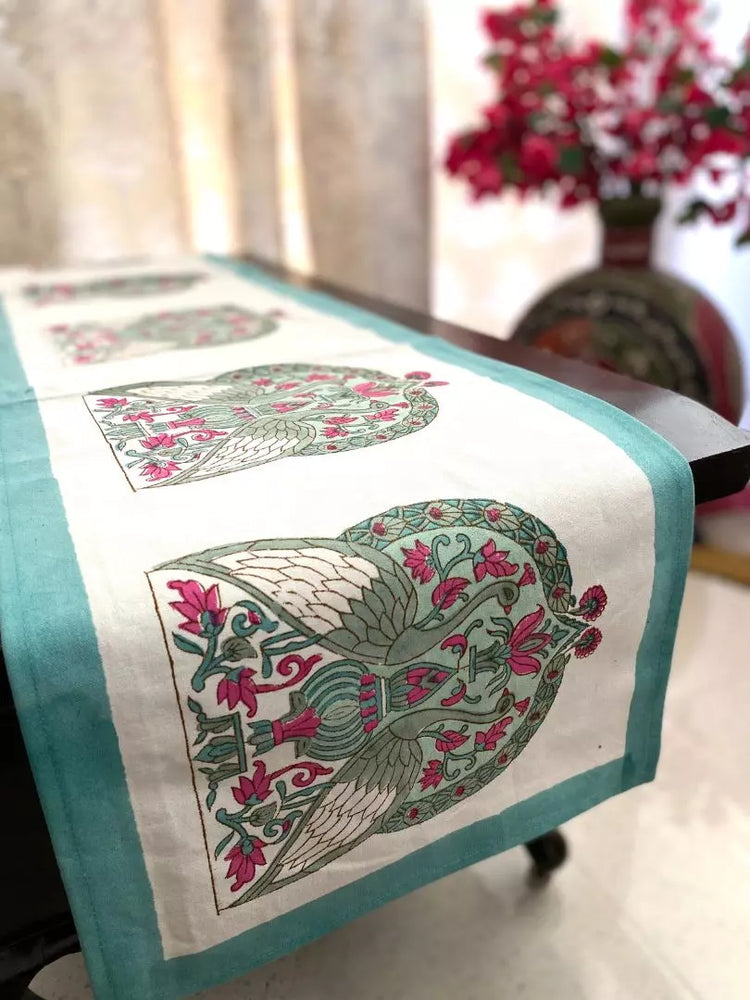 Hand blockprinted table runner Peacock design