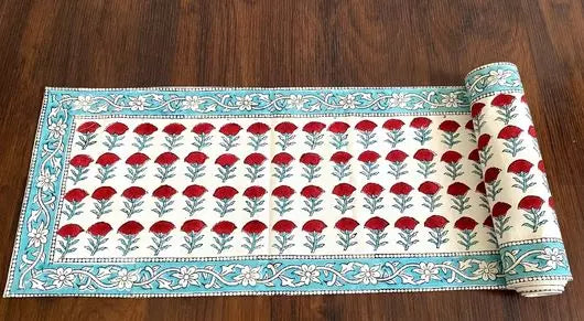 Buy Hand blockprinted table runner Red  Floral design