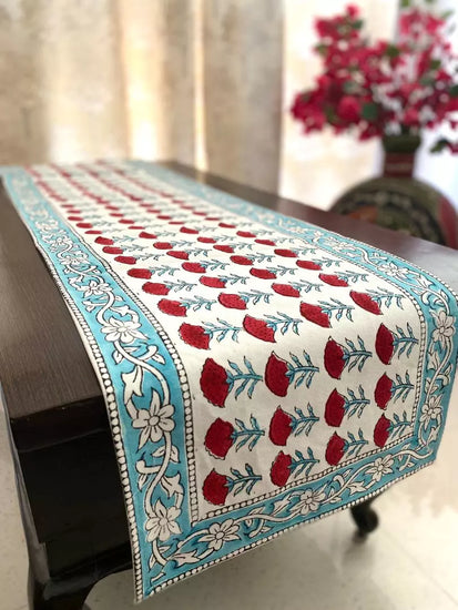 Hand blockprinted table runner Red  Floral design